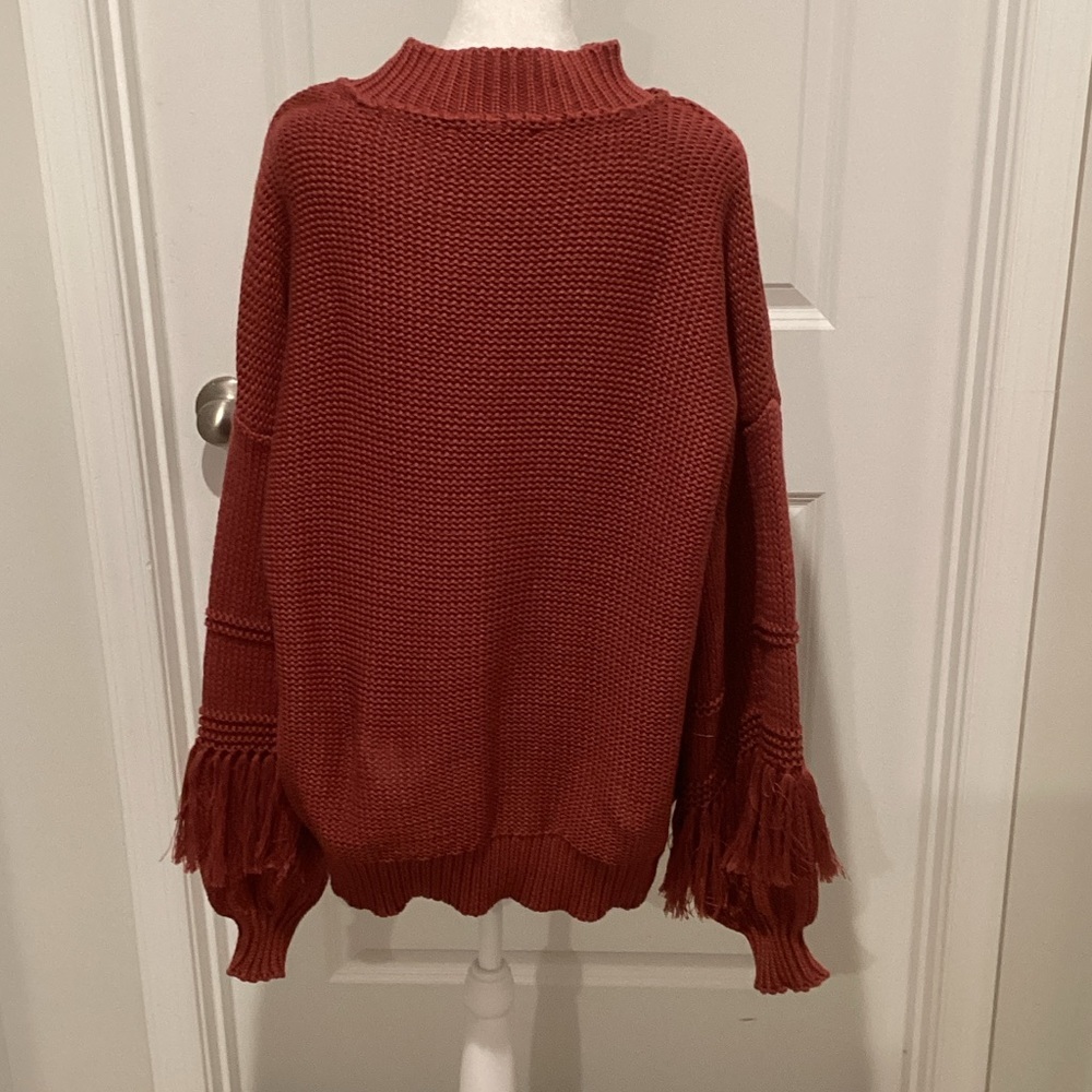 Women's Rust Cowl Neck Fringe Sweater - Picture 3 of 6